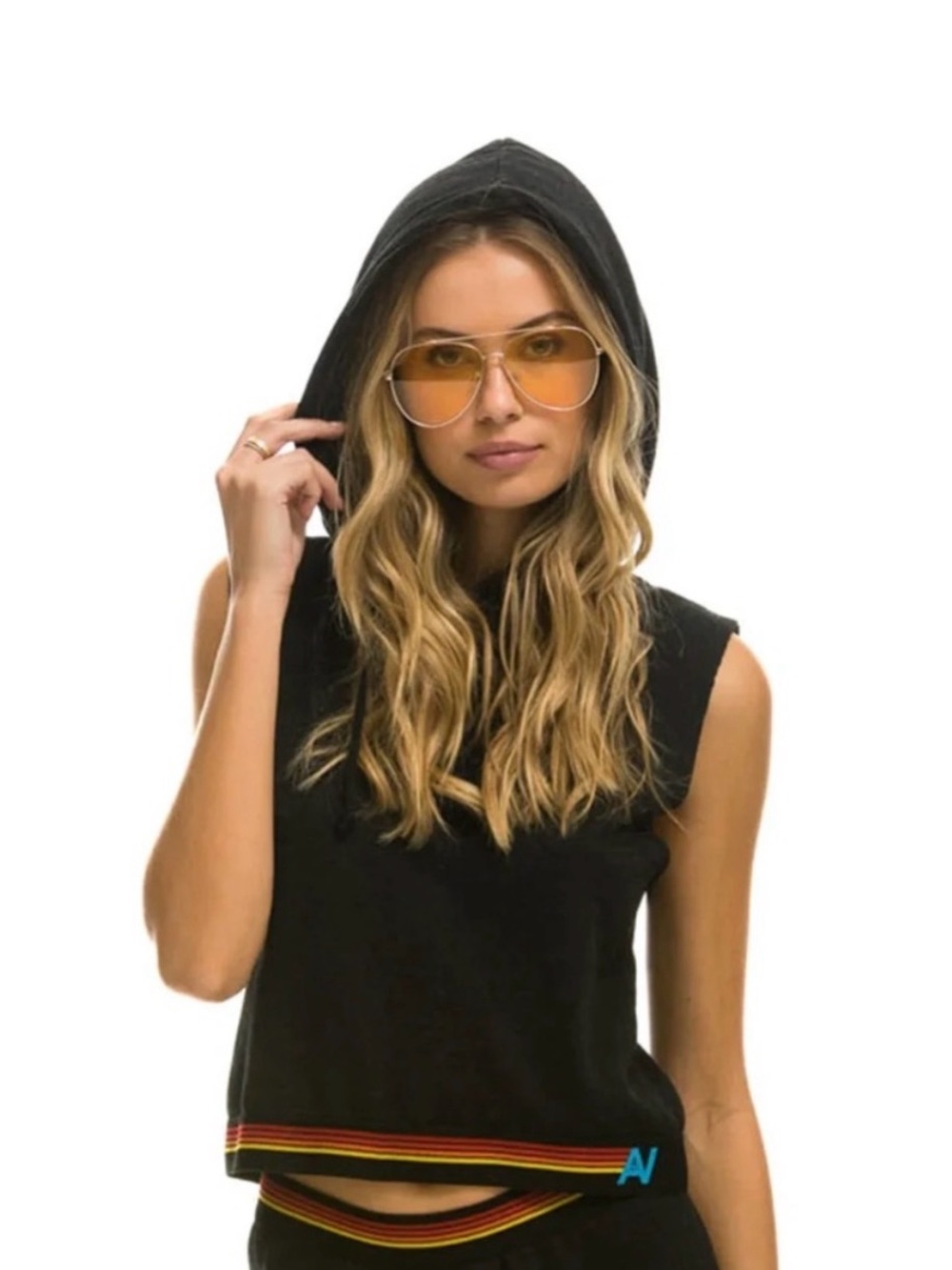 Aviator Nation Sleeveless Hoodie Crop Top with Yellow Lens Accent